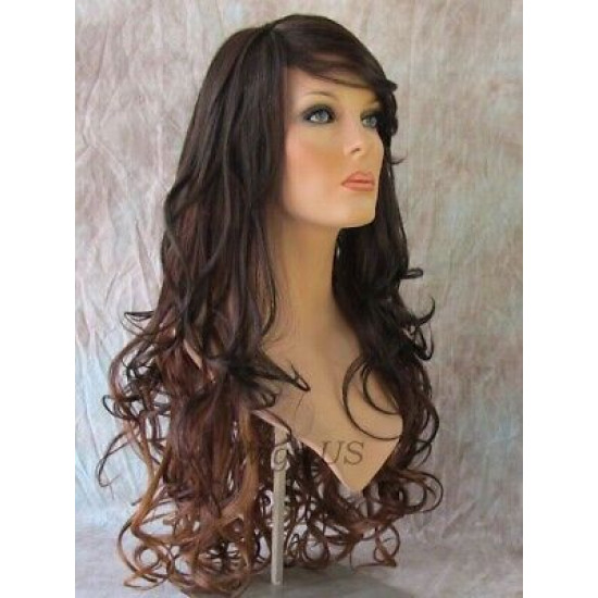 HS BOSTON | Dark Brown to Auburn Long Wig Curls Side Swept Bangs HEAT OK 