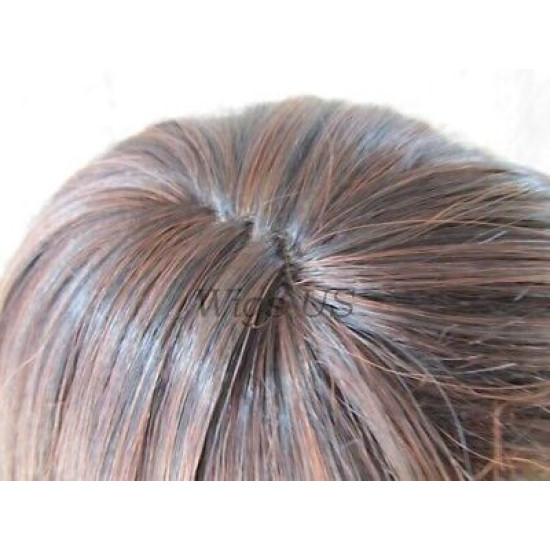 HS BOSTON | Dark Brown to Auburn Long Wig Curls Side Swept Bangs HEAT OK 