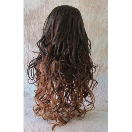 HS BOSTON | Dark Brown to Auburn Long Wig Curls Side Swept Bangs HEAT OK 