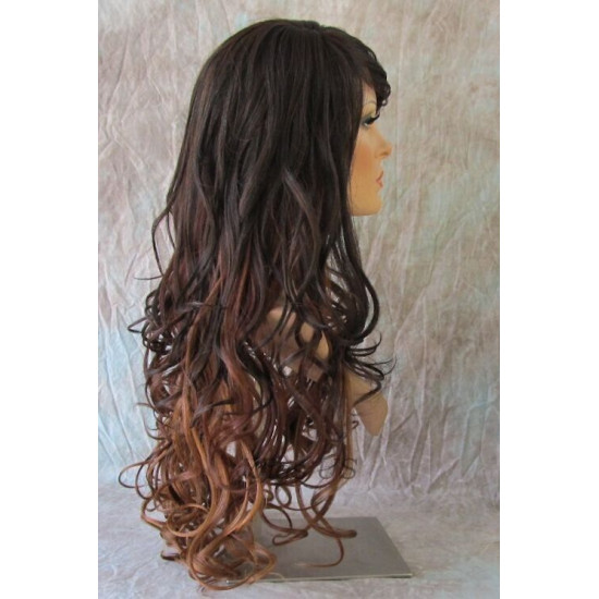 HS BOSTON | Dark Brown to Auburn Long Wig Curls Side Swept Bangs HEAT OK 