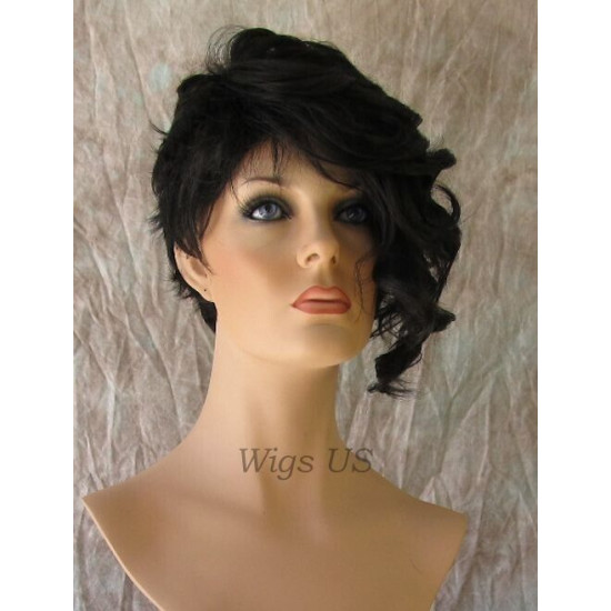 BRYCE | Natural Black Short Wig Unbalanced Bangs Curl Layers Short Side