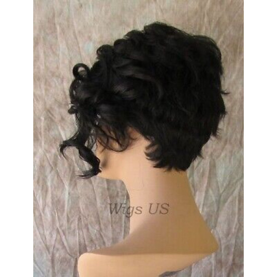 BRYCE | Natural Black Short Wig Unbalanced Bangs Curl Layers Short Side