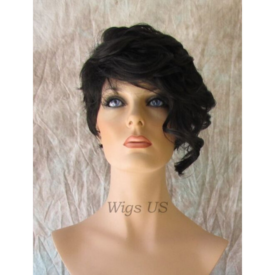 BRYCE | Natural Black Short Wig Unbalanced Bangs Curl Layers Short Side