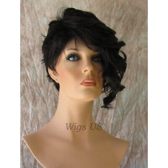 BRYCE | Natural Black Short Wig Unbalanced Bangs Curl Layers Short Side