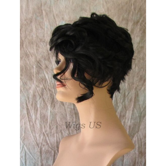 BRYCE | Natural Black Short Wig Unbalanced Bangs Curl Layers Short Side