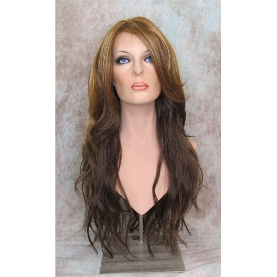 CALA | Medium Brown Long Wig Heat OK 24" Layers Waves Bangs Skin Part 
