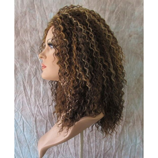 HS CHAKA | Medium Brown Mix Partial 3/4 Wig Small Curls Combs 