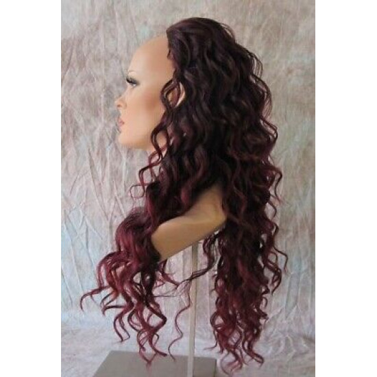 HS FREEDOM | Black Burgundy Partial 3/4 Wig Long Waves Combs Drawstring Heat OK 