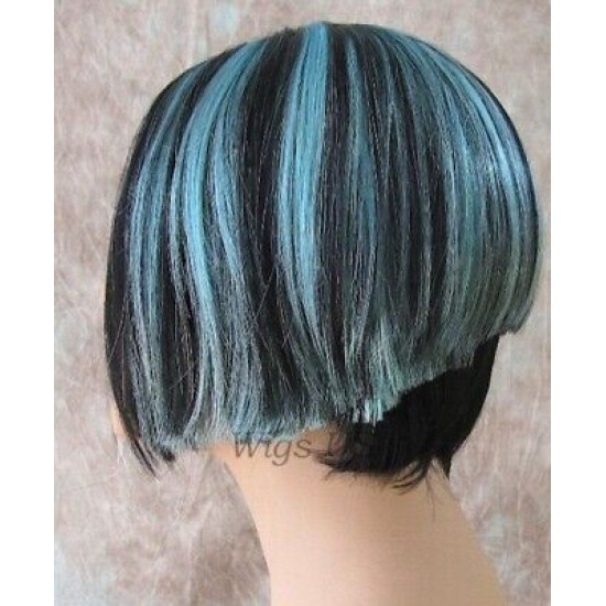 BLUSH | Black Turquoise Short Wig Bob Skin Part Wigs Cosplay Costume 