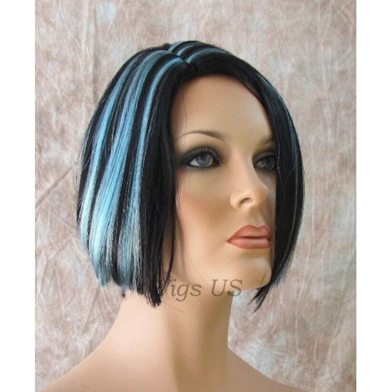 BLUSH | Black Turquoise Short Wig Bob Skin Part Wigs Cosplay Costume 