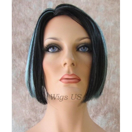 BLUSH | Black Turquoise Short Wig Bob Skin Part Wigs Cosplay Costume 