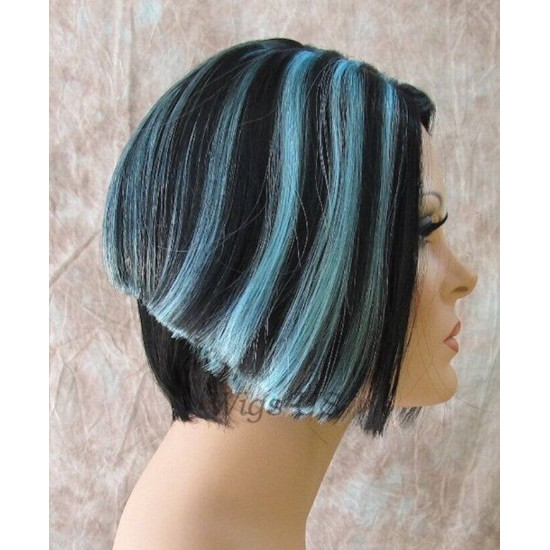 BLUSH | Black Turquoise Short Wig Bob Skin Part Wigs Cosplay Costume 