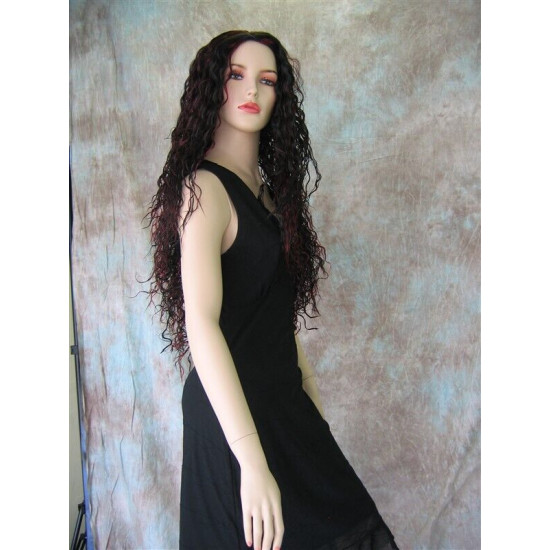 GODDESS | Black Burgundy Long Wig Crimp Waves Skin Part Cosplay Costume