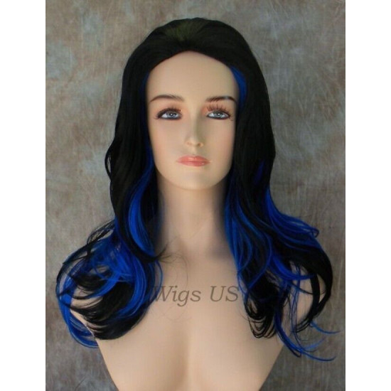 VANITY | Dark Blue Black Mix Long Wig Gentle Waves Full Skin Top Wigs 