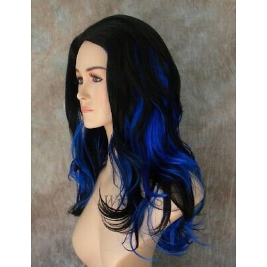 VANITY | Dark Blue Black Mix Long Wig Gentle Waves Full Skin Top Wigs 