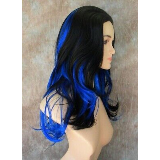 VANITY | Dark Blue Black Mix Long Wig Gentle Waves Full Skin Top Wigs 