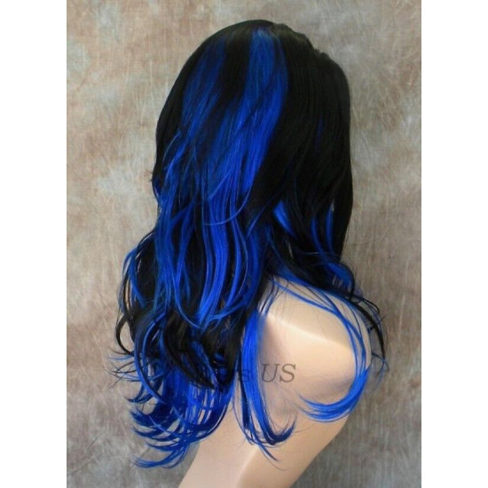 VANITY | Dark Blue Black Mix Long Wig Gentle Waves Full Skin Top Wigs 