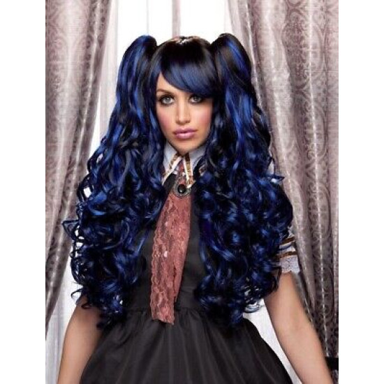 JOI | Blue Shadow Long Lolita Wig Curly Clip On Pony Tails Cosplay Anime Blush 