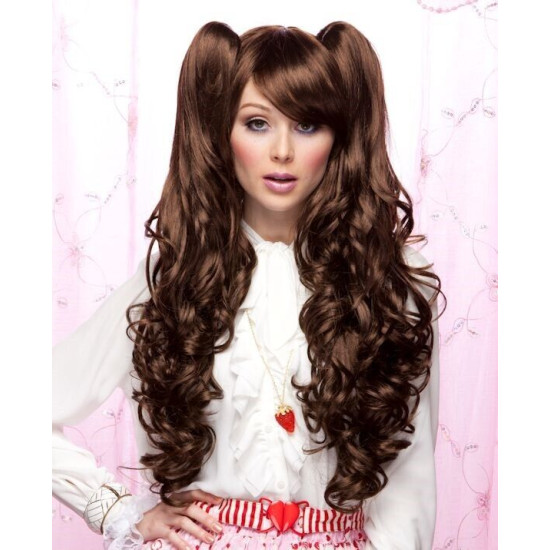JOI | Chocolate Brown Long Lolita Wig Curly ClipOn Ponytail Cosplay Anime Blush 