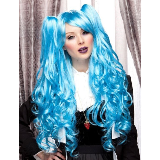 JOI | Cool Blue Long Lolita Wig Curly Clip On Pony Tail Cosplay Anime Blush 