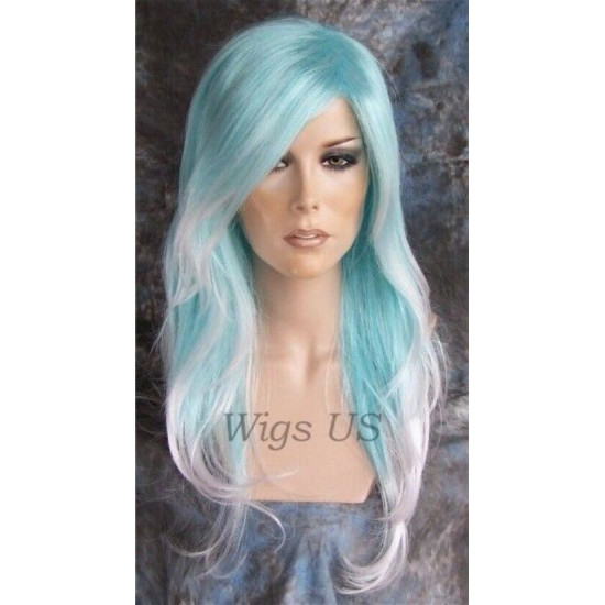 CALYPSO | Turquoise White Long Wig Layered Great 4 Costume Cosplay 
