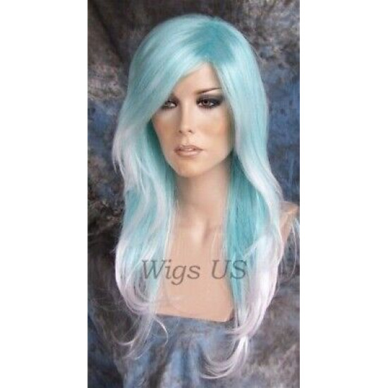 CALYPSO | Turquoise White Long Wig Layered Great 4 Costume Cosplay 