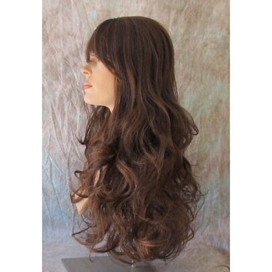 HB NOELLE | Dark Brown Long Wig Human Hair Blend HEAT OK Curly Bangs Wigs US 