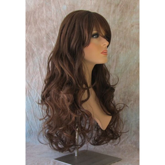 HB NOELLE | Dark Brown Long Wig Human Hair Blend HEAT OK Curly Bangs Wigs US 