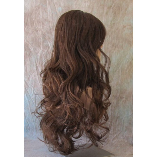 HB NOELLE | Dark Brown Long Wig Human Hair Blend HEAT OK Curly Bangs Wigs US 