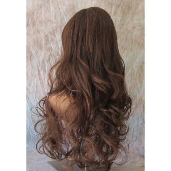 HB NOELLE | Brown Auburn Mix Long Wig Human Hair Blend HEAT OK Curly Bangs 