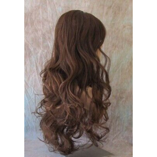 HB NOELLE | Brown Auburn Mix Long Wig Human Hair Blend HEAT OK Curly Bangs 
