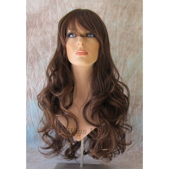 HB NOELLE | Brown Auburn Mix Long Wig Human Hair Blend HEAT OK Curly Bangs 