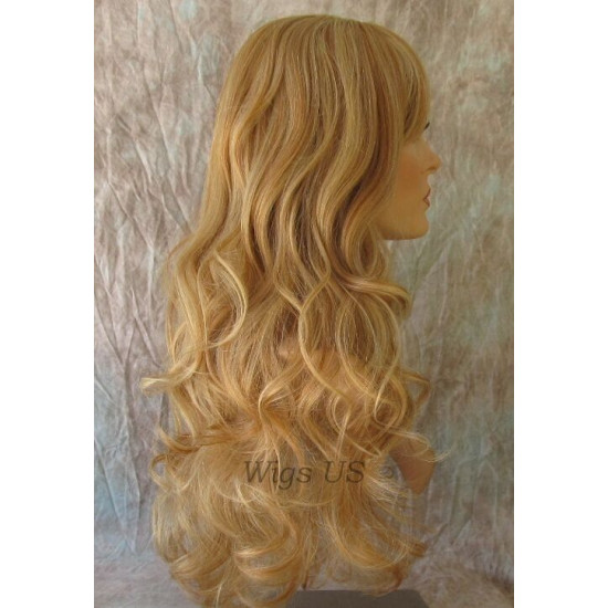 HB NOELLE | Strawberry Blonde Mix Long Wig Human Hair Blend HEAT OK Curly Bangs 