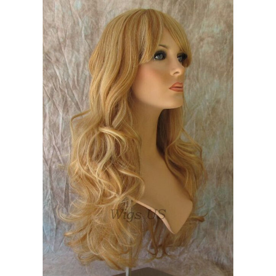 HB NOELLE | Strawberry Blonde Mix Long Wig Human Hair Blend HEAT OK Curly Bangs 