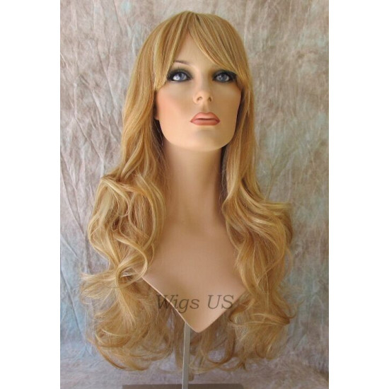HB NOELLE | Strawberry Blonde Mix Long Wig Human Hair Blend HEAT OK Curly Bangs 