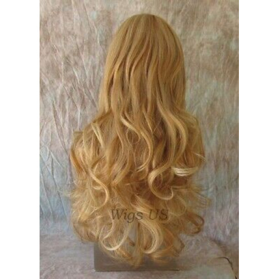 HB NOELLE | Strawberry Blonde Mix Long Wig Human Hair Blend HEAT OK Curly Bangs 