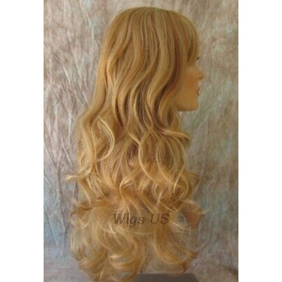 HB NOELLE | Strawberry Blonde Mix Long Wig Human Hair Blend HEAT OK Curly Bangs 