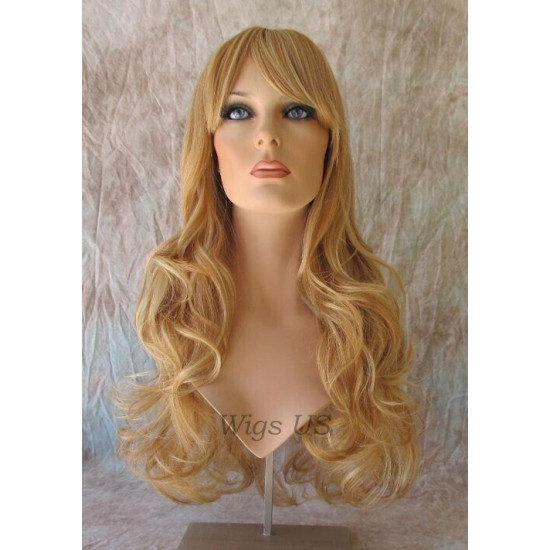 HB NOELLE | Strawberry Blonde Mix Long Wig Human Hair Blend HEAT OK Curly Bangs 