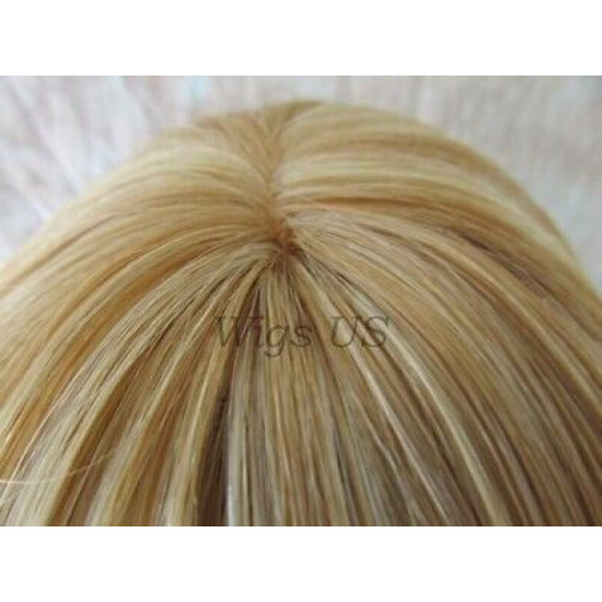 HB NOELLE | Strawberry Blonde Mix Long Wig Human Hair Blend HEAT OK Curly Bangs 