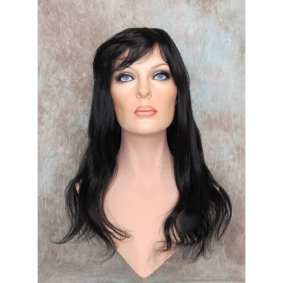 LYDIA HH | Jet Black 100% Human Hair Wig 21" Long Waves Skin Part Bangs 