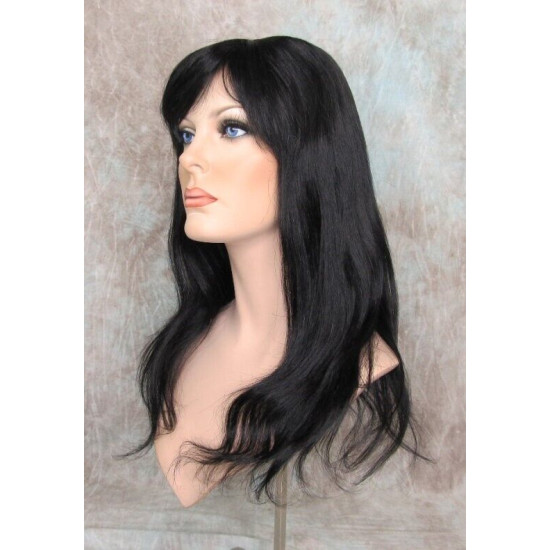 LYDIA HH | Jet Black 100% Human Hair Wig 21" Long Waves Skin Part Bangs 