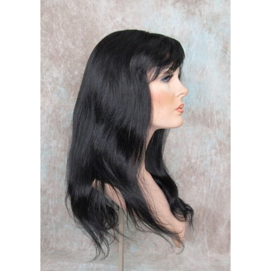 LYDIA HH | Jet Black 100% Human Hair Wig 21" Long Waves Skin Part Bangs 