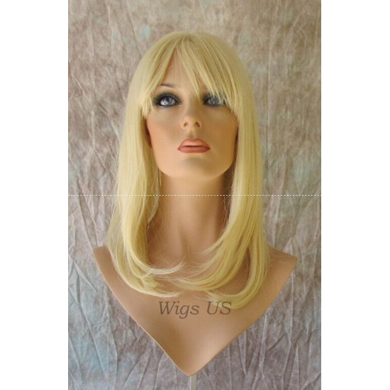 HB MANDY | Light Blonde Medium Long Wig Human Hair Blend HEAT OK Bangs