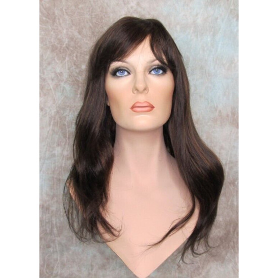 LYDIA HH | Brown Auburn Mix 100% Human Hair Wig Long Waves Skin Part Bangs 