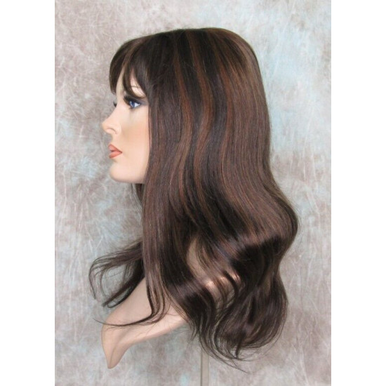 LYDIA HH | Brown Auburn Mix 100% Human Hair Wig Long Waves Skin Part Bangs 
