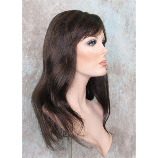 LYDIA HH | Brown Auburn Mix 100% Human Hair Wig Long Waves Skin Part Bangs 