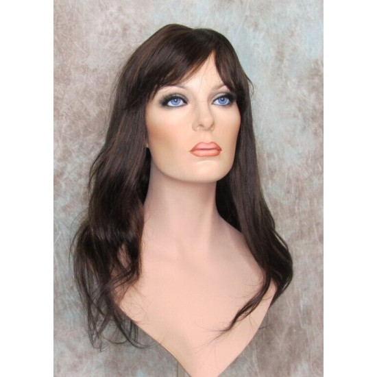 LYDIA HH | Brown Auburn Mix 100% Human Hair Wig Long Waves Skin Part Bangs 