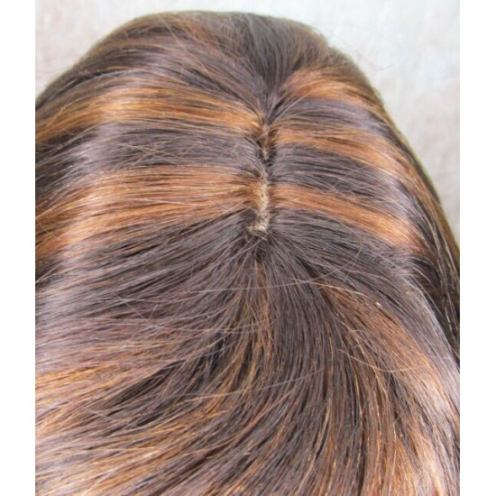 LYDIA HH | Brown Auburn Mix 100% Human Hair Wig Long Waves Skin Part Bangs 