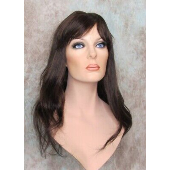 LYDIA HH | Brown Auburn Mix 100% Human Hair Wig Long Waves Skin Part Bangs 