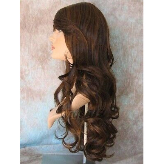 HB NOELLE | Brown Strawberry Mix Long Wig Human Hair Blend HEAT OK Curly Bangs 